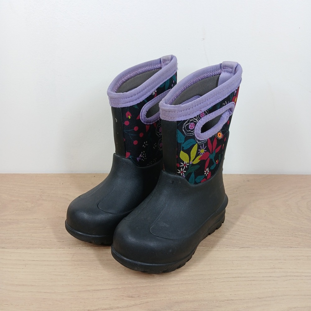 Bogs Rain Boots Infants 8 Black Rubber Floral Waterproof Insulated Pull-On